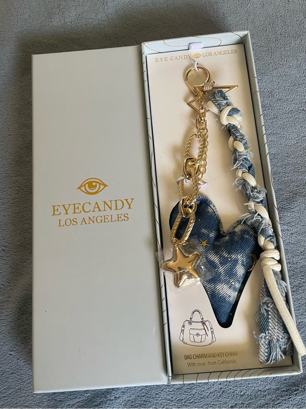 Eye Candy Los Angeles Bag Charm Key Ring, Heart and Braid, Denim Style